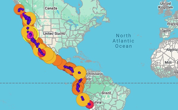 screenshot of illustrative map showing parts of Canada, US and Central and South America